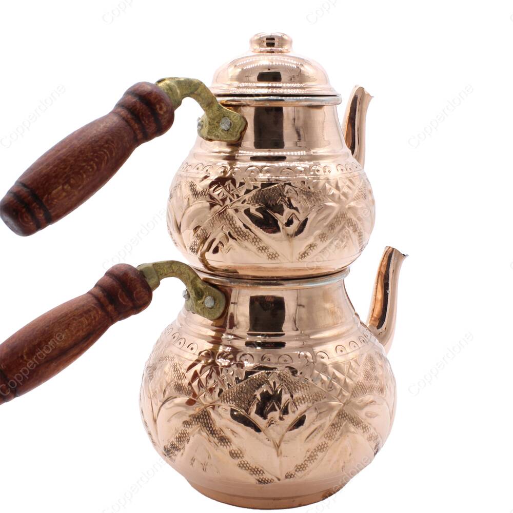 Copperdone Handmade Hand Engraved Anatolian Style Turkish Copper Teapot Tea Kettle Shiny Copper Color - 2