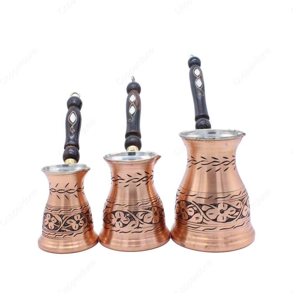 Copperdone Handmade Hand Engraved Authentic Copper Coffee Pot Cezve Ibrik Briki Turkish Greek Arabic Coffee Maker Set Antique Copper Color - 1