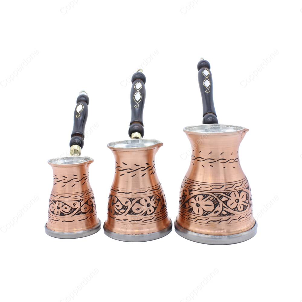 Copperdone Handmade Hand Engraved Authentic Copper Coffee Pot Cezve Ibrik Briki Turkish Greek Arabic Coffee Maker Set For Induction Stove Antique Copper Color - 1