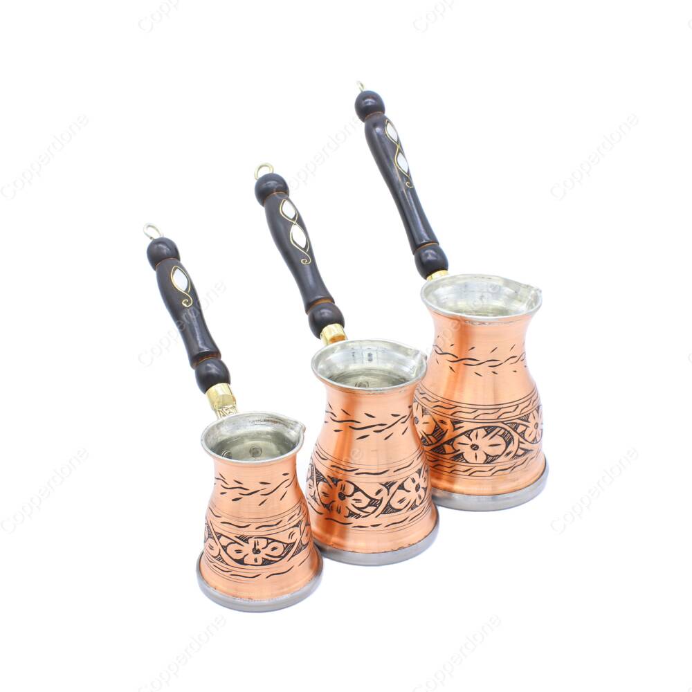 Copperdone Handmade Hand Engraved Authentic Copper Coffee Pot Cezve Ibrik Briki Turkish Greek Arabic Coffee Maker Set For Induction Stove Antique Copper Color - 2