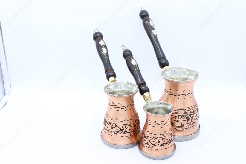 Copperdone Handmade Hand Engraved Authentic Copper Coffee Pot Cezve Ibrik Briki Turkish Greek Arabic Coffee Maker Set For Induction Stove Antique Copper Color - 3