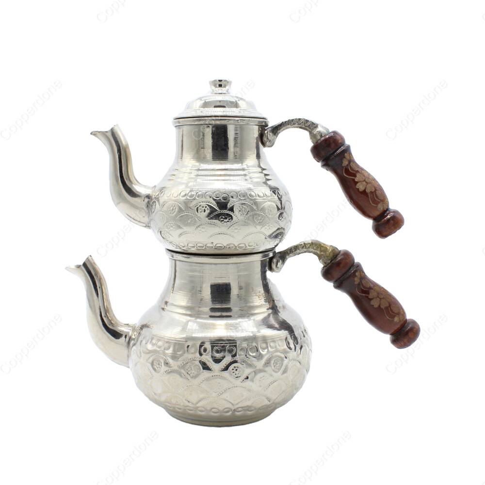 Copperdone Handmade Hand Engraved Authentic Style Turkish Copper Teapot Tea Kettle Shiny Silver Color - 1