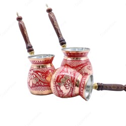 Copperdone Handmade Hand Engraved Chisel Work Copper Coffee Pot Cezve Ibrik Briki Turkish Greek Arabic Coffee Maker with Red Color Set - 2