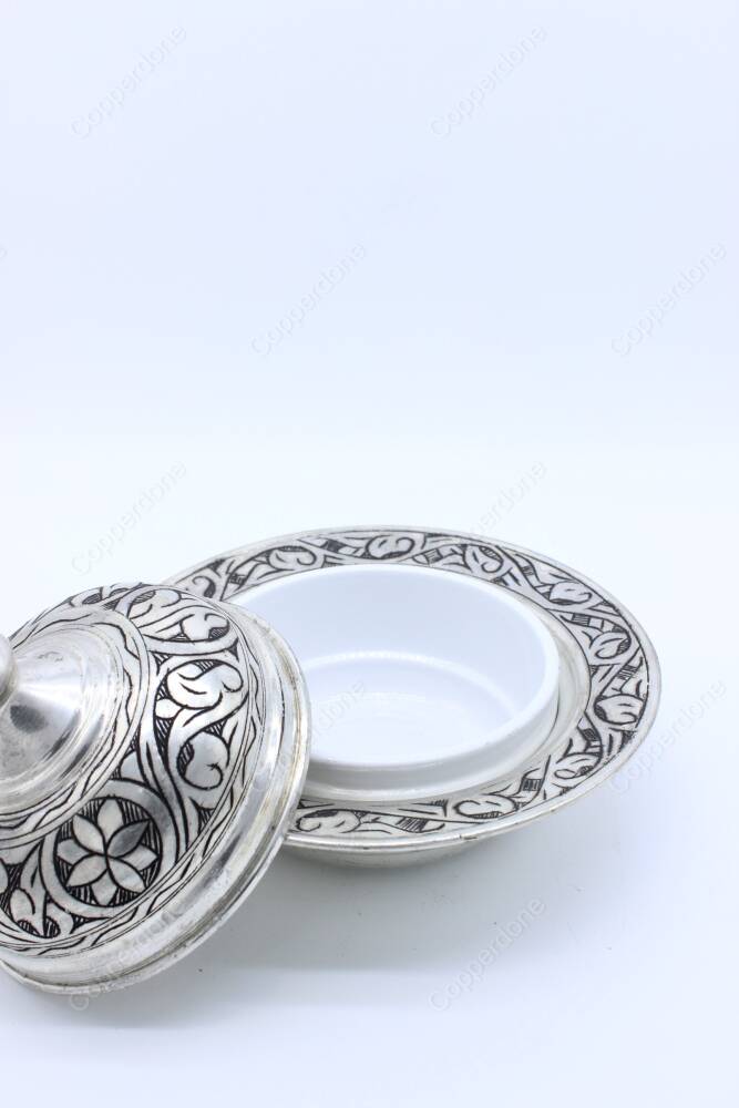 Copperdone Handmade Hand Engraved Chisel Work Copper Serving Plate Soup Bowl Antique Silver Color - 4