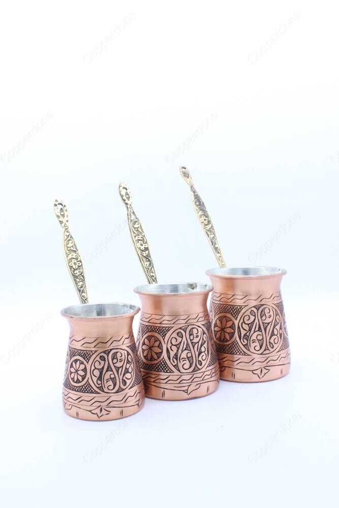 Copperdone Handmade Hand Engraved Coffee Maker Pot With Brass Handle Cezve Ibrik Briki Turkish Greek Arabic Coffee Maker Set Antique Copper Color - 3