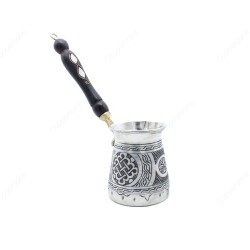 Copperdone Handmade Hand Engraved Coffee Maker Pot With Wooden Handle Cezve Ibrik Briki Turkish Greek Arabic Coffee Maker Antique Silver Color Large - 2