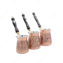 Copperdone Handmade Hand Engraved Coffee Maker Pot With Wooden Handle Cezve Ibrik Briki Turkish Greek Arabic Coffee Maker Set Antique Copper Color - 2