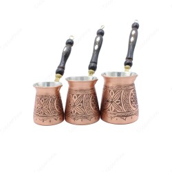 Copperdone Handmade Hand Engraved Coffee Maker Pot With Wooden Handle Cezve Ibrik Briki Turkish Greek Arabic Coffee Maker Set Antique Copper Color - 1