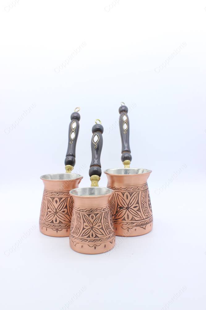 Copperdone Handmade Hand Engraved Coffee Maker Pot With Wooden Handle Cezve Ibrik Briki Turkish Greek Arabic Coffee Maker Set Antique Copper Color - 4