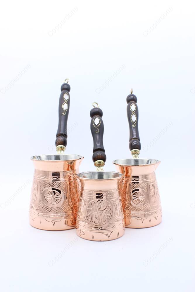 Copperdone Handmade Hand Engraved Coffee Maker Pot With Wooden Handle Cezve Ibrik Briki Turkish Greek Arabic Coffee Maker Set - 3