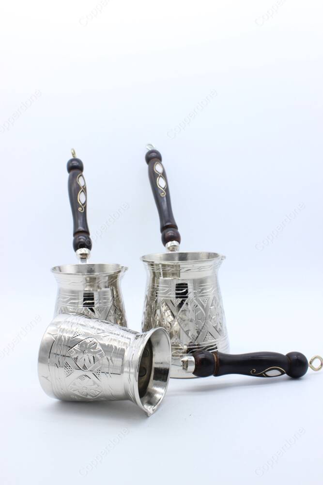 Copperdone Handmade Hand Engraved Coffee Maker Pot With Wooden Handle Cezve Ibrik Briki Turkish Greek Arabic Coffee Maker Set Silver Color - 4