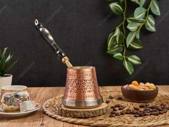 Copperdone Handmade Hand Engraved Copper Coffee Pot Cezve Ibrik Briki Turkish Greek Arabic Coffee Maker Set For Induction Stove - 4