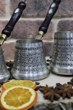 Copperdone Handmade Hand Engraved Copper Coffee Pot Turkish Greek Arabic Coffee Maker For Induction Stove Set Antic Silver Color - 3