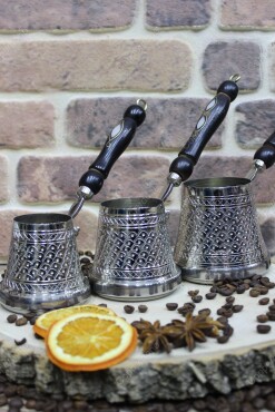 Copperdone Handmade Hand Engraved Copper Coffee Pot Turkish Greek Arabic Coffee Maker Set For Induction Stove Silver Color - 2