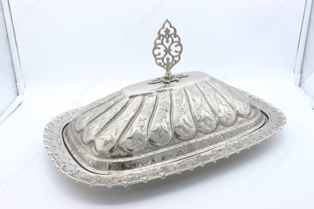 Copperdone Handmade Hand Engraved Embossed Floral Pattern Turkish Copper Rectangular Shape Serving Plate Platter With Lid Silver Color - 3