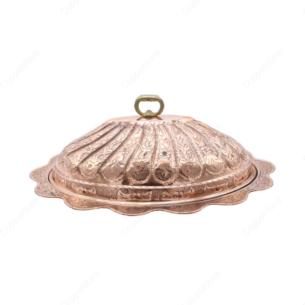 Copperdone Handmade Hand Engraved Embossed Floral Pattern Turkish Copper Serving Plate Platter With Lid - 1