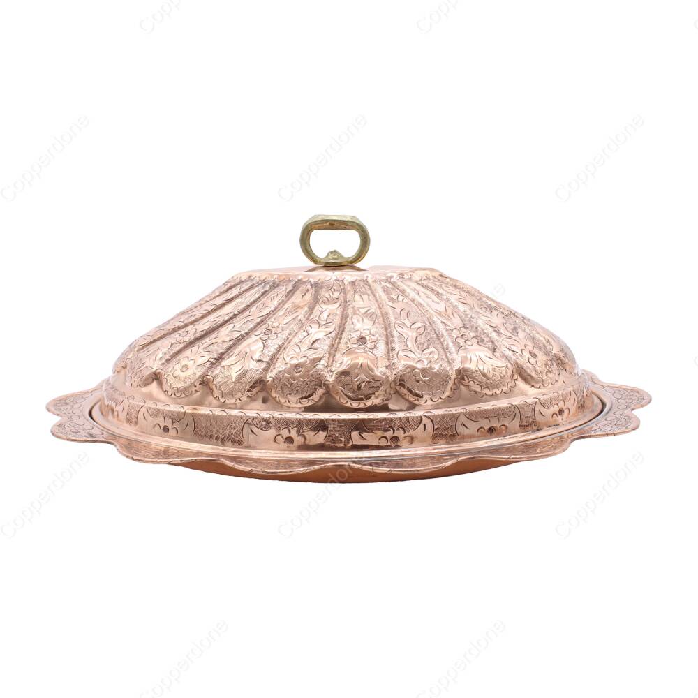 Copperdone Handmade Hand Engraved Embossed Floral Pattern Turkish Copper Serving Plate Platter With Lid - 2