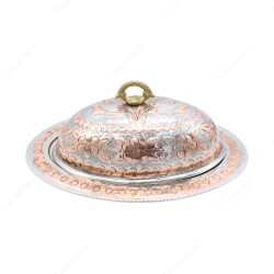 Copperdone Handmade Hand Engraved Embossed Floral Pattern Turkish Copper Serving Plate Platter With Lid Silver Copper Color - 1