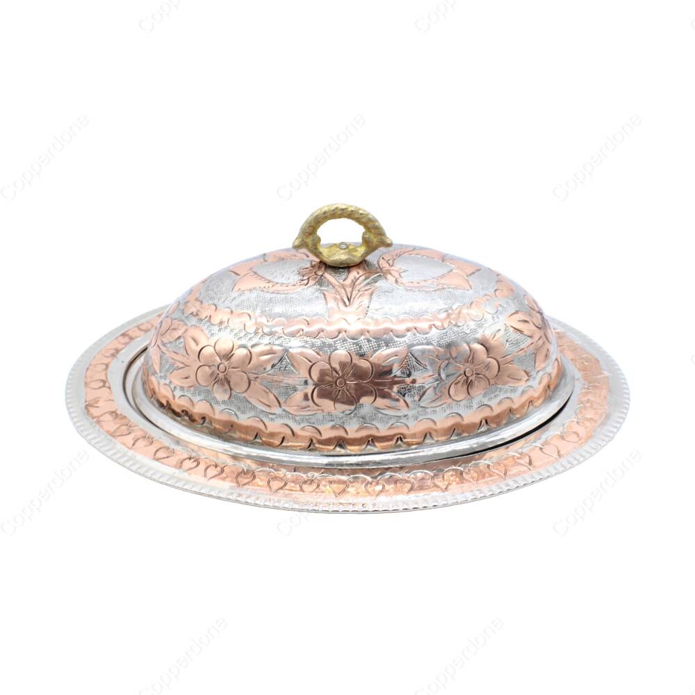 Copperdone Handmade Hand Engraved Embossed Floral Pattern Turkish Copper Serving Plate Platter With Lid Silver Copper Color - 1