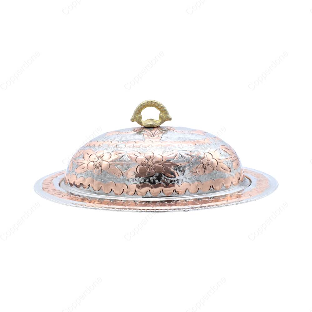 Copperdone Handmade Hand Engraved Embossed Floral Pattern Turkish Copper Serving Plate Platter With Lid Silver Copper Color - 2