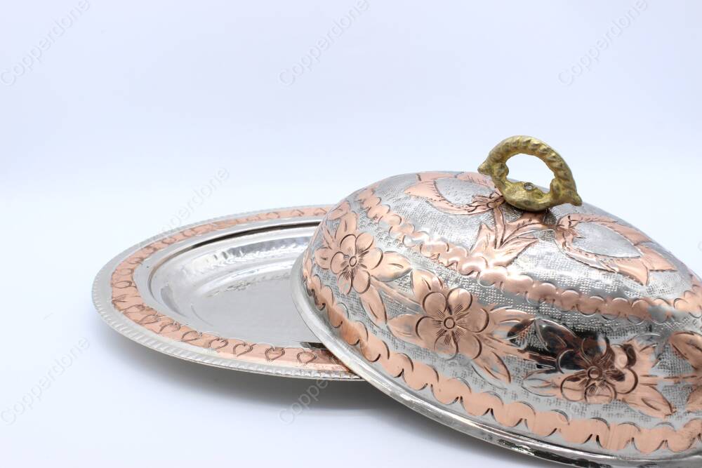 Copperdone Handmade Hand Engraved Embossed Floral Pattern Turkish Copper Serving Plate Platter With Lid Silver Copper Color - 3