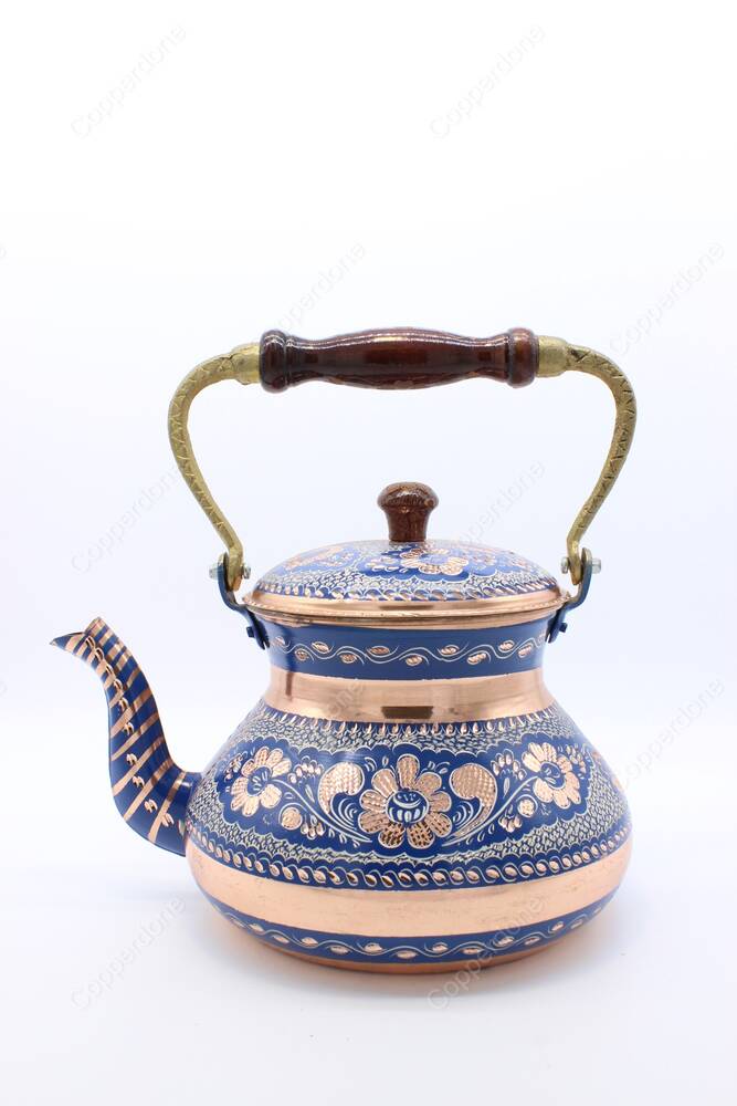 Copperdone Handmade Hand Engraved Large Size Turkish Copper Stovetop Teapot Tea Kettle Blue - 3