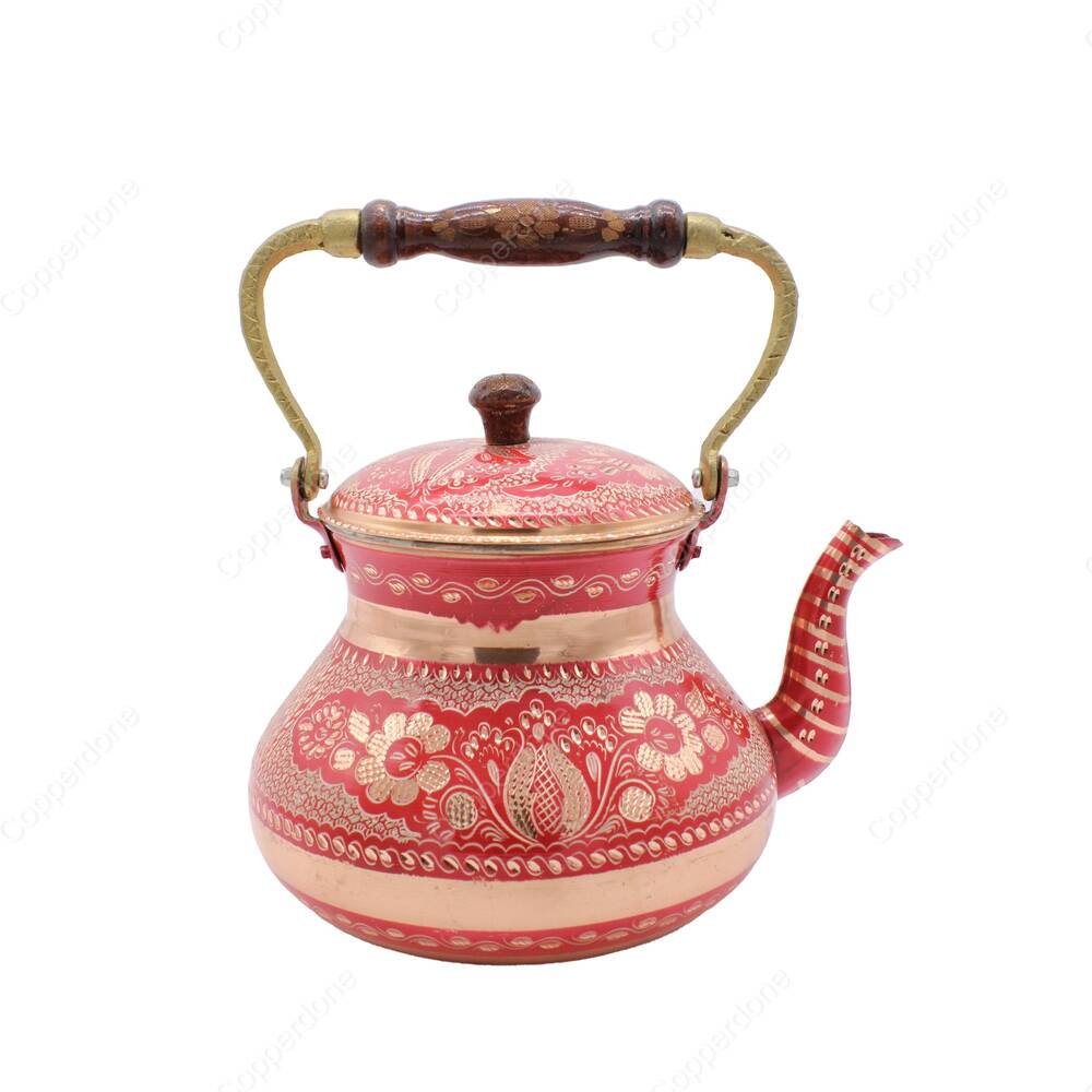 Copperdone Handmade Hand Engraved Large Size Turkish Copper Stovetop Teapot Tea Kettle Red - 1