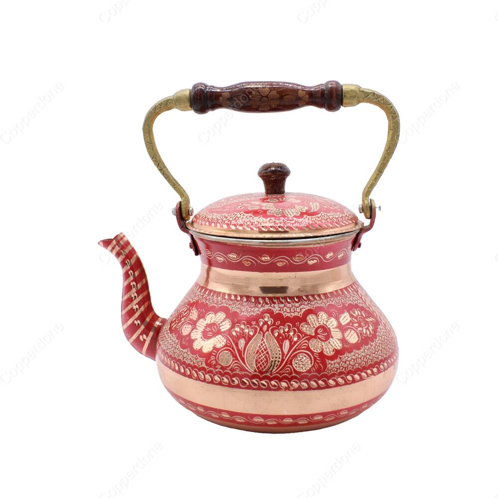 Copperdone Handmade Hand Engraved Large Size Turkish Copper Stovetop Teapot Tea Kettle Red - 2