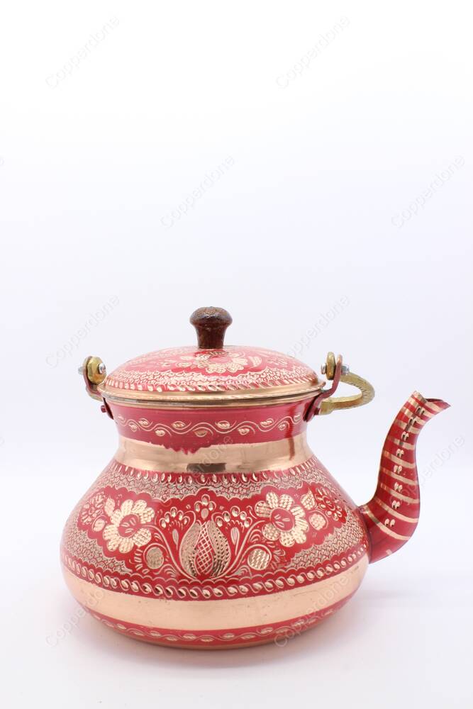 Copperdone Handmade Hand Engraved Large Size Turkish Copper Stovetop Teapot Tea Kettle Red - 4