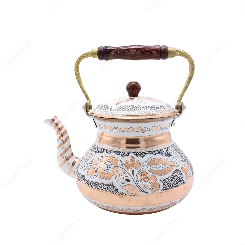 Copperdone Handmade Hand Engraved Large Size Turkish Copper Stovetop Teapot Tea Kettle White - 1