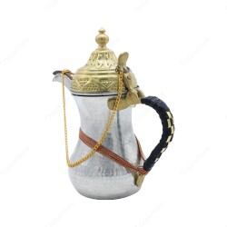 Copperdone Handmade Hand Hammered Dallah Turkish Arabic Mırra Coffee Pot Special Design Silver Color - 2