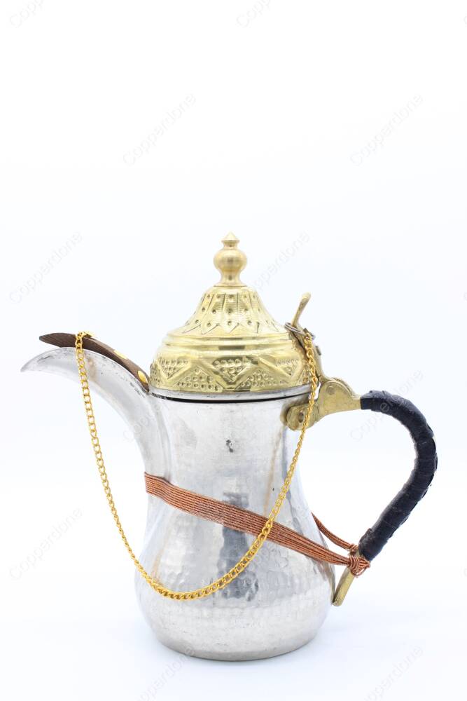 Copperdone Handmade Hand Hammered Dallah Turkish Arabic Mırra Coffee Pot Special Design Silver Color - 3