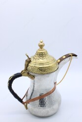 Copperdone Handmade Hand Hammered Dallah Turkish Arabic Mırra Coffee Pot Special Design Silver Color - 5