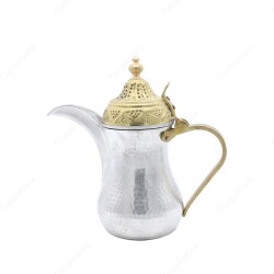 Copperdone Handmade Hand Hammered Dallah Turkish Arabic Mırra Coffee Pot With Brass Handle Silver Color - 1