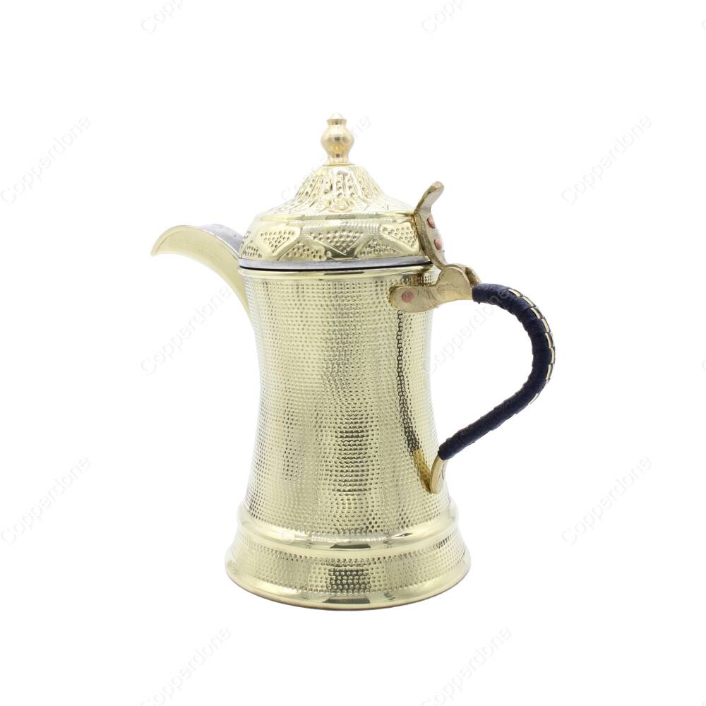 Copperdone Handmade Hand Hammered Dallah Turkish Arabic Mırra Coffee Pot With Knitted Handle Gold Color - 1