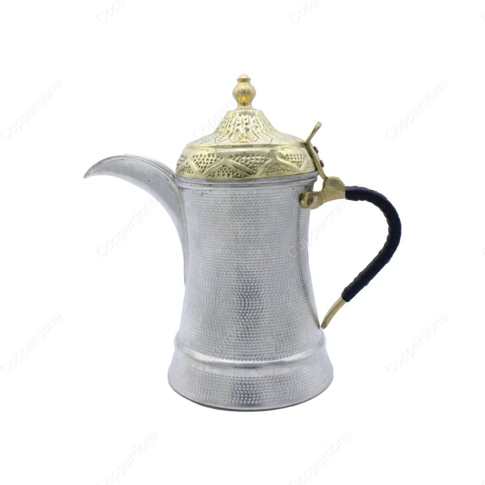 Copperdone Handmade Hand Hammered Dallah Turkish Arabic Mırra Coffee Pot With Knitted Handle Silver Color - 1