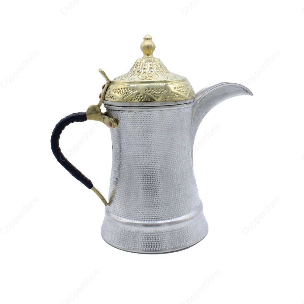 Copperdone Handmade Hand Hammered Dallah Turkish Arabic Mırra Coffee Pot With Knitted Handle Silver Color - 2