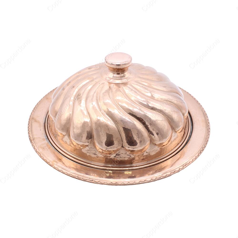 Copperdone Handmade Hand hammered Round Shape Copper Serving Plate Platter With Lid Sahan Copper Color - 1