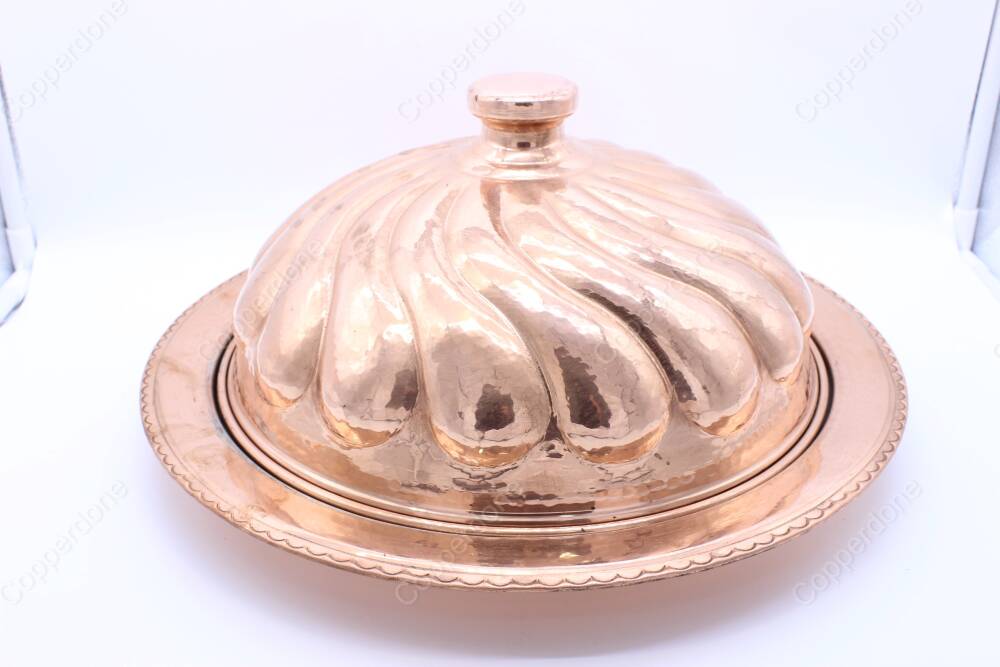 Copperdone Handmade Hand hammered Round Shape Copper Serving Plate Platter With Lid Sahan Copper Color - 3