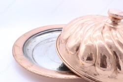 Copperdone Handmade Hand hammered Round Shape Copper Serving Plate Platter With Lid Sahan Copper Color - 4