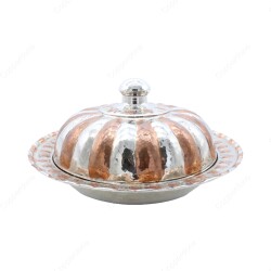 Copperdone Handmade Hand hammered Round Shape Copper Serving Plate Platter With Lid Sahan Silver Copper Color - 1