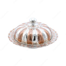 Copperdone Handmade Hand hammered Round Shape Copper Serving Plate Platter With Lid Sahan Silver Copper Color - 2