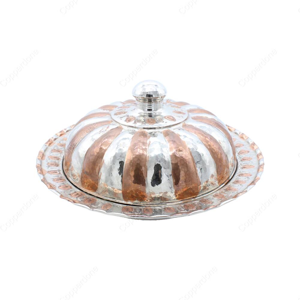 Copperdone Handmade Hand hammered Round Shape Copper Serving Plate Platter With Lid Sahan Silver Copper Color - 2