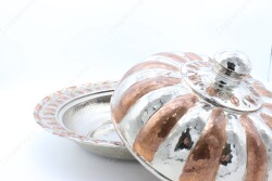 Copperdone Handmade Hand hammered Round Shape Copper Serving Plate Platter With Lid Sahan Silver Copper Color - 3