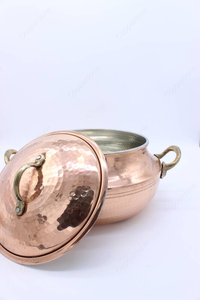 Copperdone Handmade Hand Hammered Round Shape Vintage Copper Cooking Pot Cookware With Brass Handle - 5