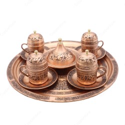 Copperdone Handmade Handcrafted Chisel Work Copper Turkish Greek Coffee Serving Set for 4 People Antic Copper Color - 1