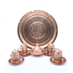 Copperdone Handmade Handcrafted Chisel Work Copper Turkish Greek Coffee Serving Set for 4 People Antic Copper Color - 2