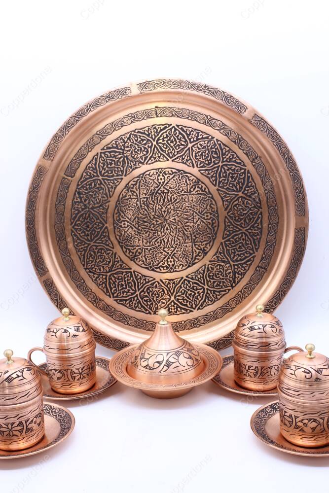 Copperdone Handmade Handcrafted Chisel Work Copper Turkish Greek Coffee Serving Set for 4 People Antic Copper Color - 3