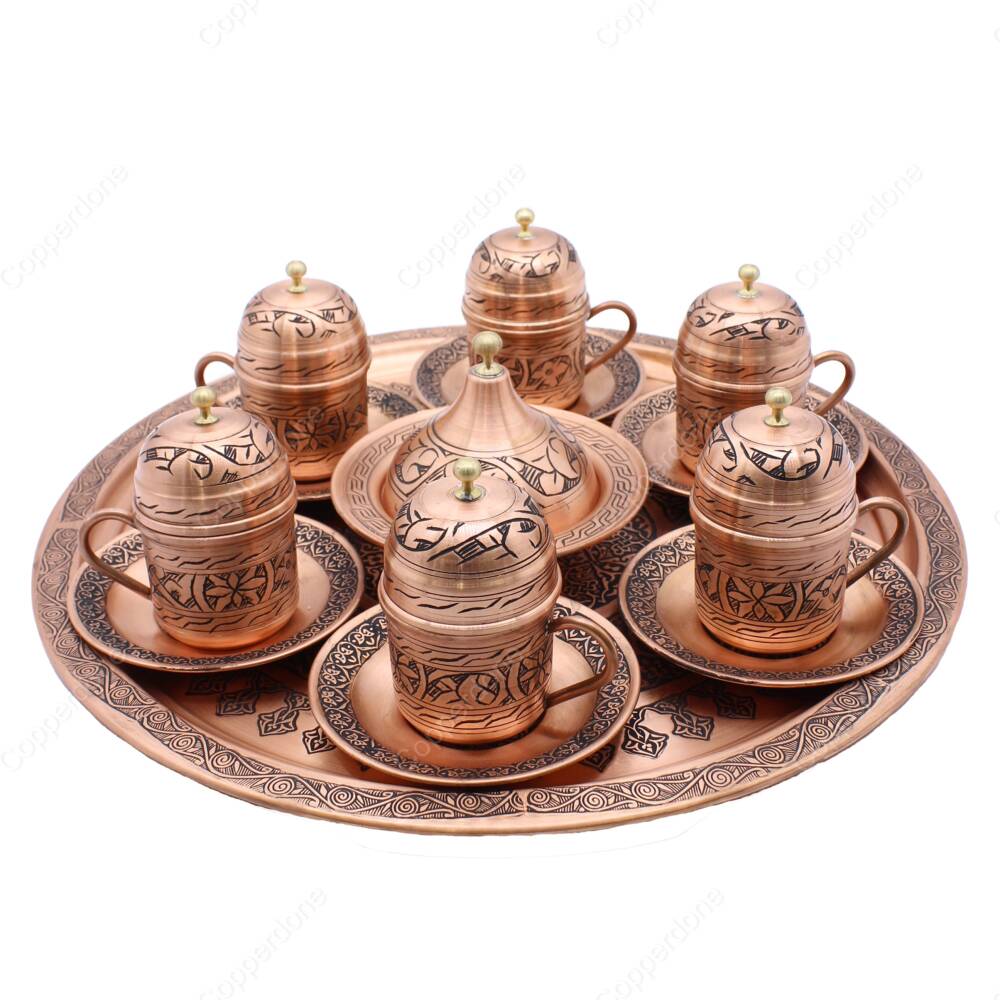 Copperdone Handmade Handcrafted Chisel Work Copper Turkish Greek Coffee Serving Set for 6 People Antic Copper Color - 1