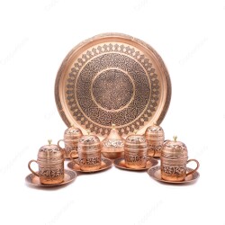 Copperdone Handmade Handcrafted Chisel Work Copper Turkish Greek Coffee Serving Set for 6 People Antic Copper Color - 2